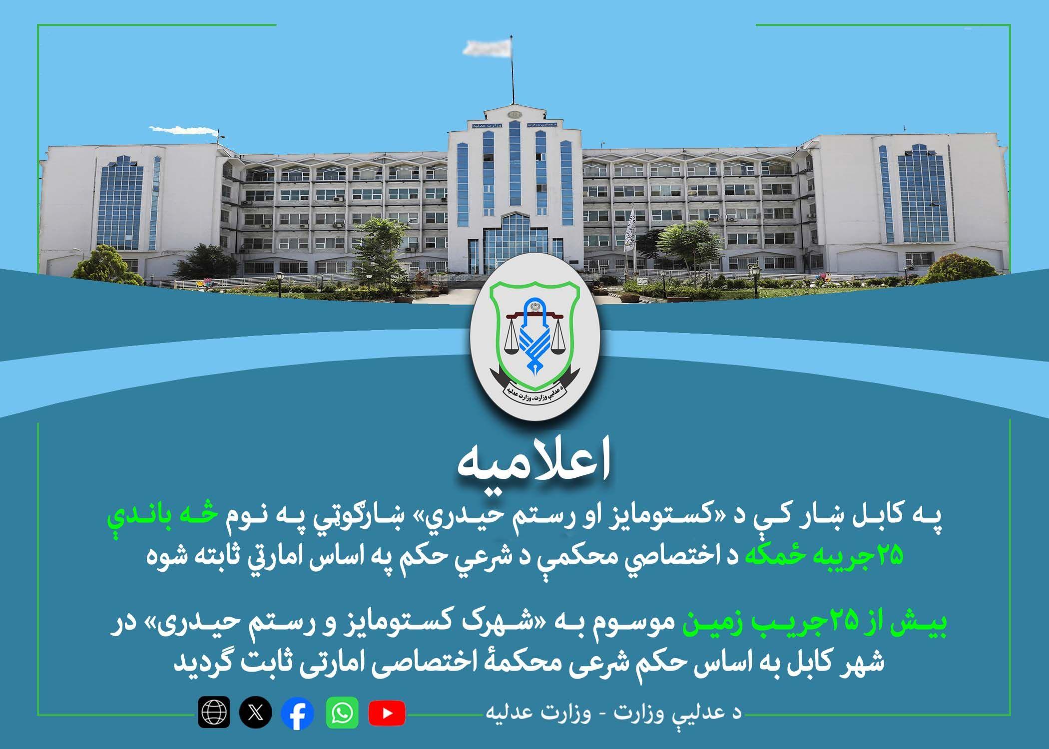 په کابل ښار کې د «کستومایز او رستم حیدري» ښارګوټي په نوم څه باندې ۲۵ جریبه ځمکه د اختصاصي محکمې د شرعي حکم په اساس امارتي ثابته شوه